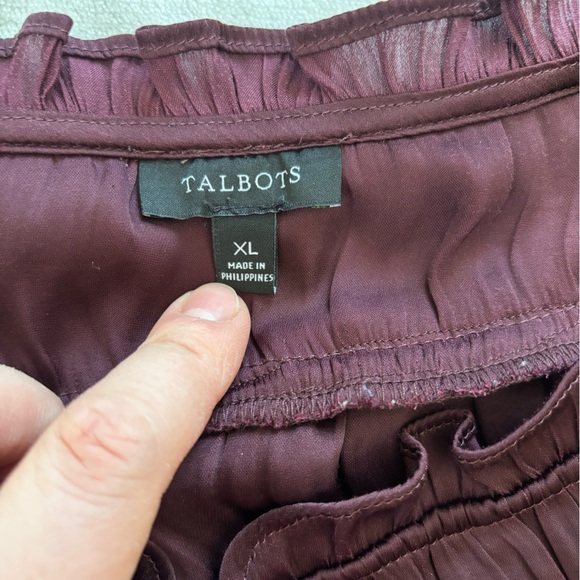 Talbots Top Burgundy Purple Satin Ruffle Neck Tie Front Blouse Long Sleeve SzXL - Picture 7 of 10